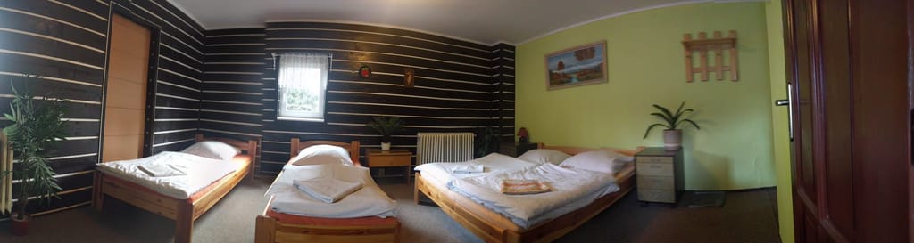 Zimmer mit Doppelbett, Holzverkleidung und grüner Wand