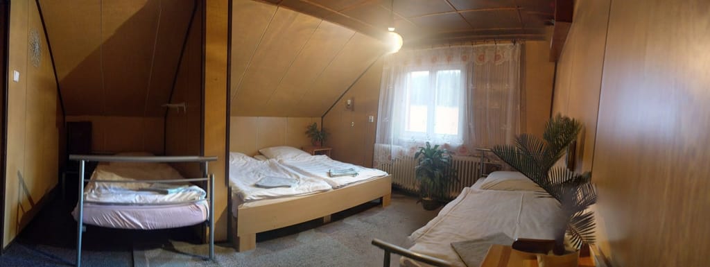 Podkrovní pokoj se šikmým stropem a dřevěným obkladem